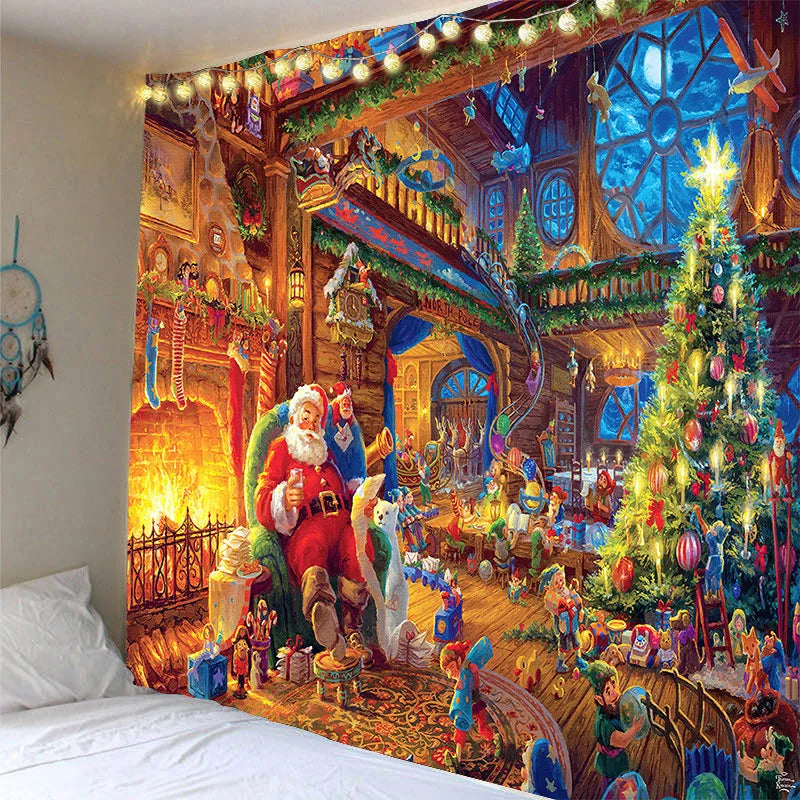 Tapisserie Murale Noël - Père Noël en Traineau & Rennes au-dessus de la Ville Enneigée