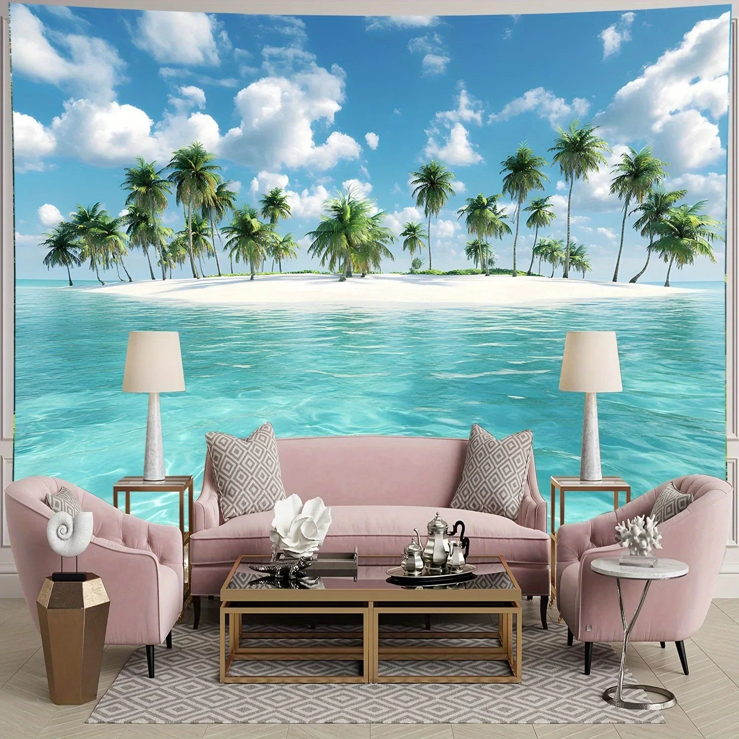 Tapisserie Murale Plage Tropicale - Eau Turquoise & Palmiers - Décoration Paradisiaque