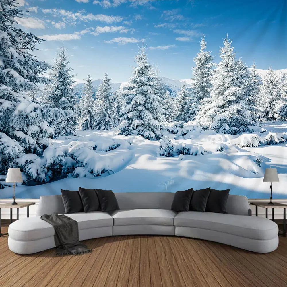 Tapisserie Murale Noël - Fenêtre Enneigée, Sapin & Décor Festif