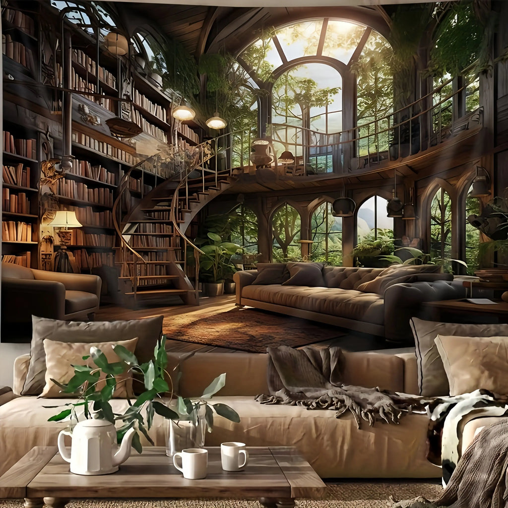 Tapisserie Murale Bibliothèque Magique - Grande Salle en Bois & Escalier en Colimaçon