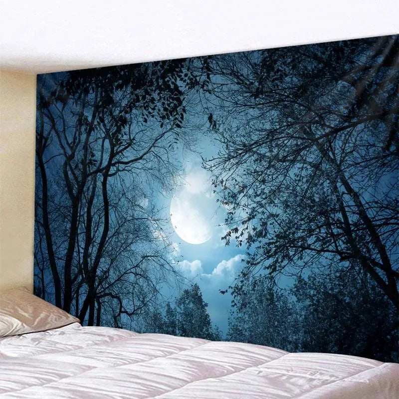 Tapisserie Murale Lune & Forêt Nocturne - Décoration Murale Mystique
