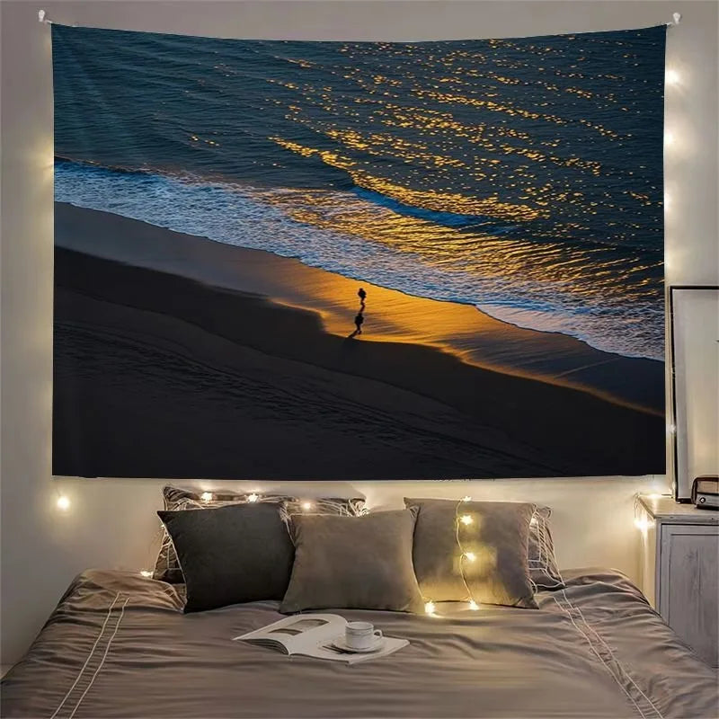 Tapisserie Murale Plage Noir & Or - Déco Murale Coucher du Soleil