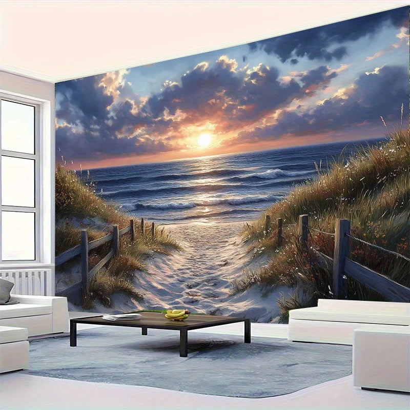 Tapisserie Murale Plage au Coucher du Soleil - Chemin de Sable & Océan