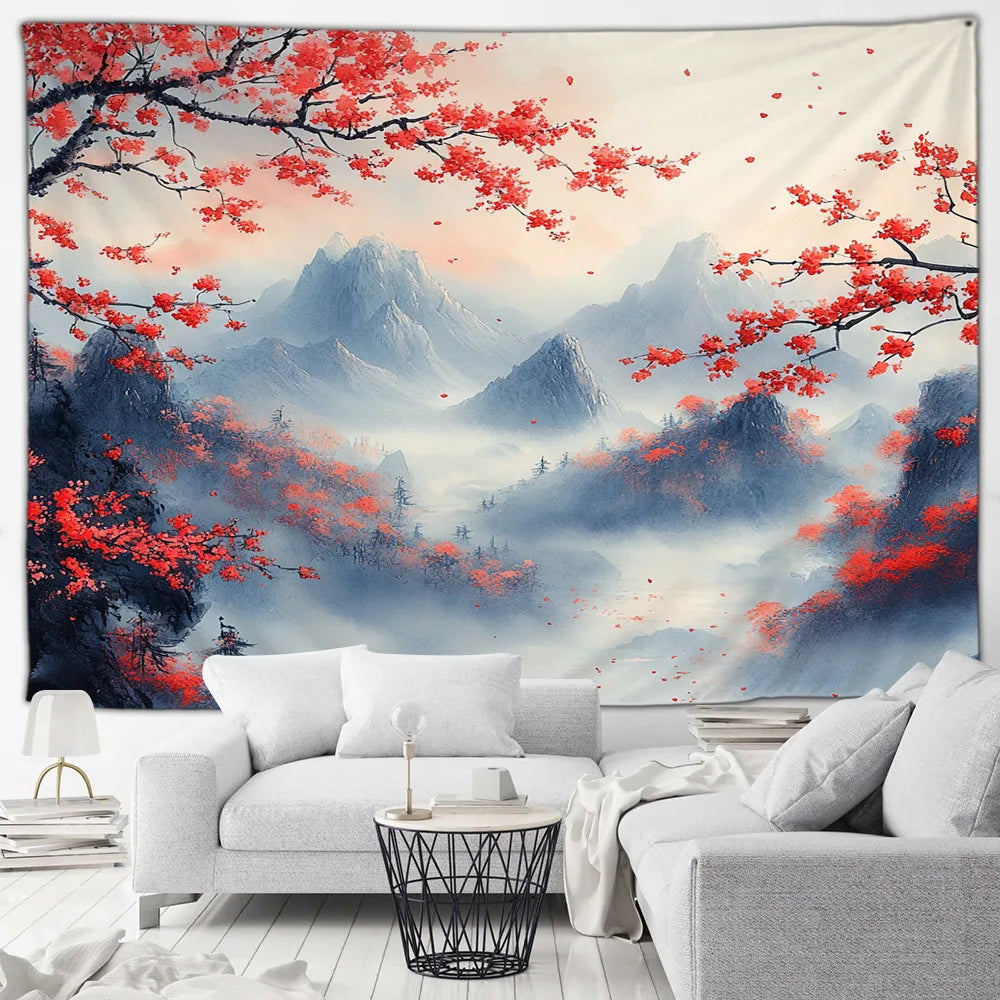 Tapisserie Japonaise Sakura - Montagnes & Fleurs de Cerisiers - Décoration Zen