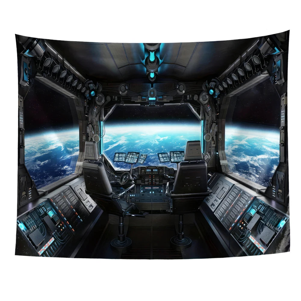 Tapisserie Hublot Spatial - Vue de la Terre depuis l'Espace, Décoration Sci-Fi