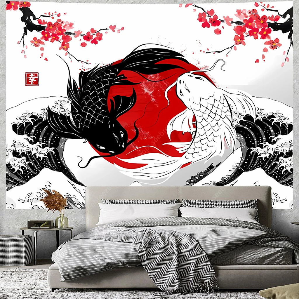 Tapisserie Murale Japonaise Koi Yin Yang - Décoration Zen, Carpes Rouge & Noir
