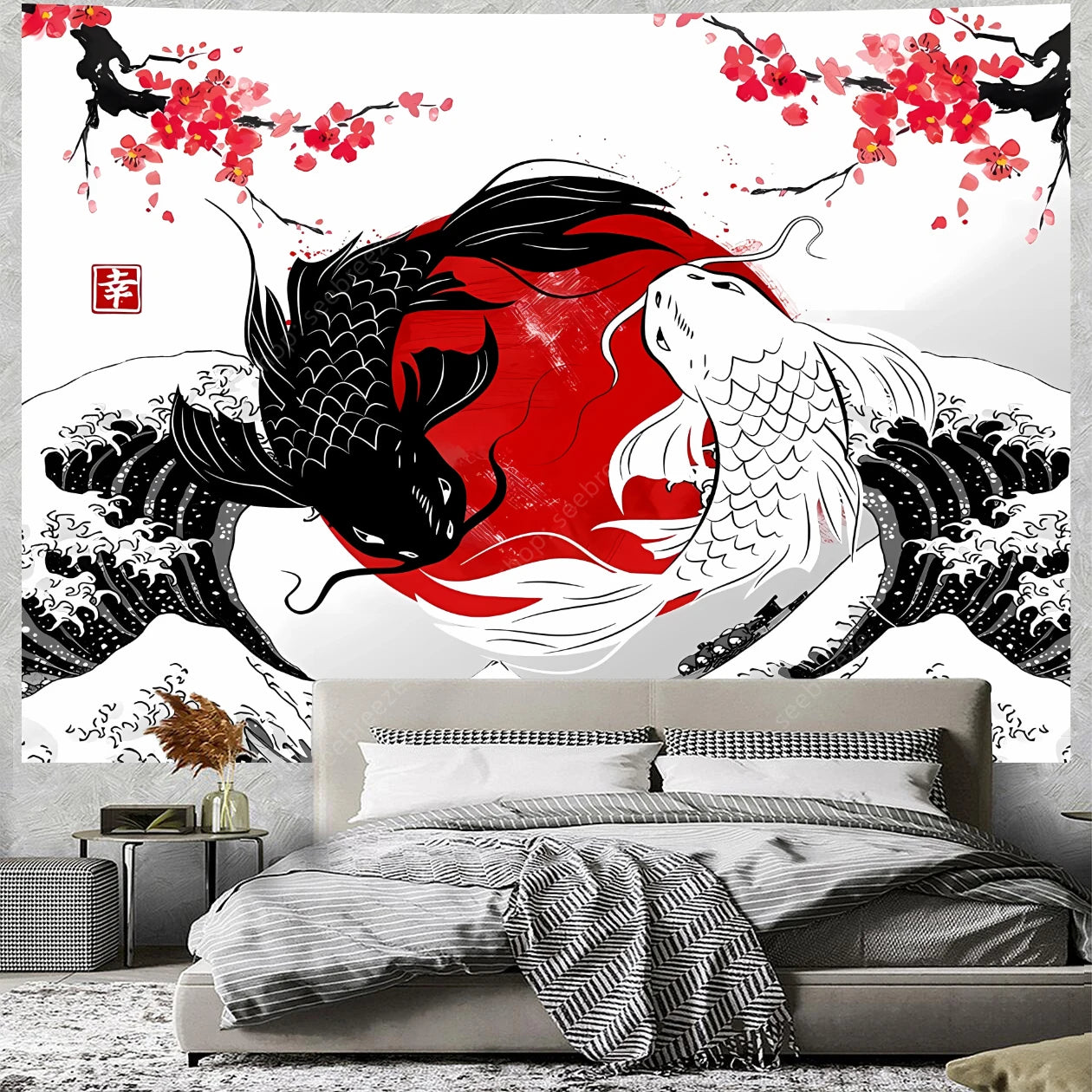 Tapisserie Murale Japonaise Koi Yin Yang - Décoration Zen, Carpes Rouge & Noir