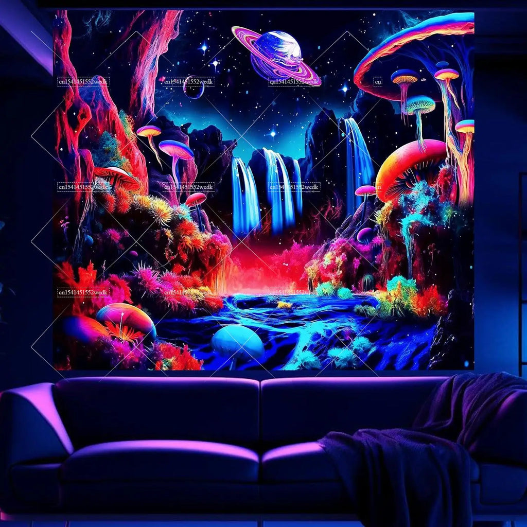 Tapisserie Murale Cosmos Néon - Planète à Anneaux & Paysage Futuriste