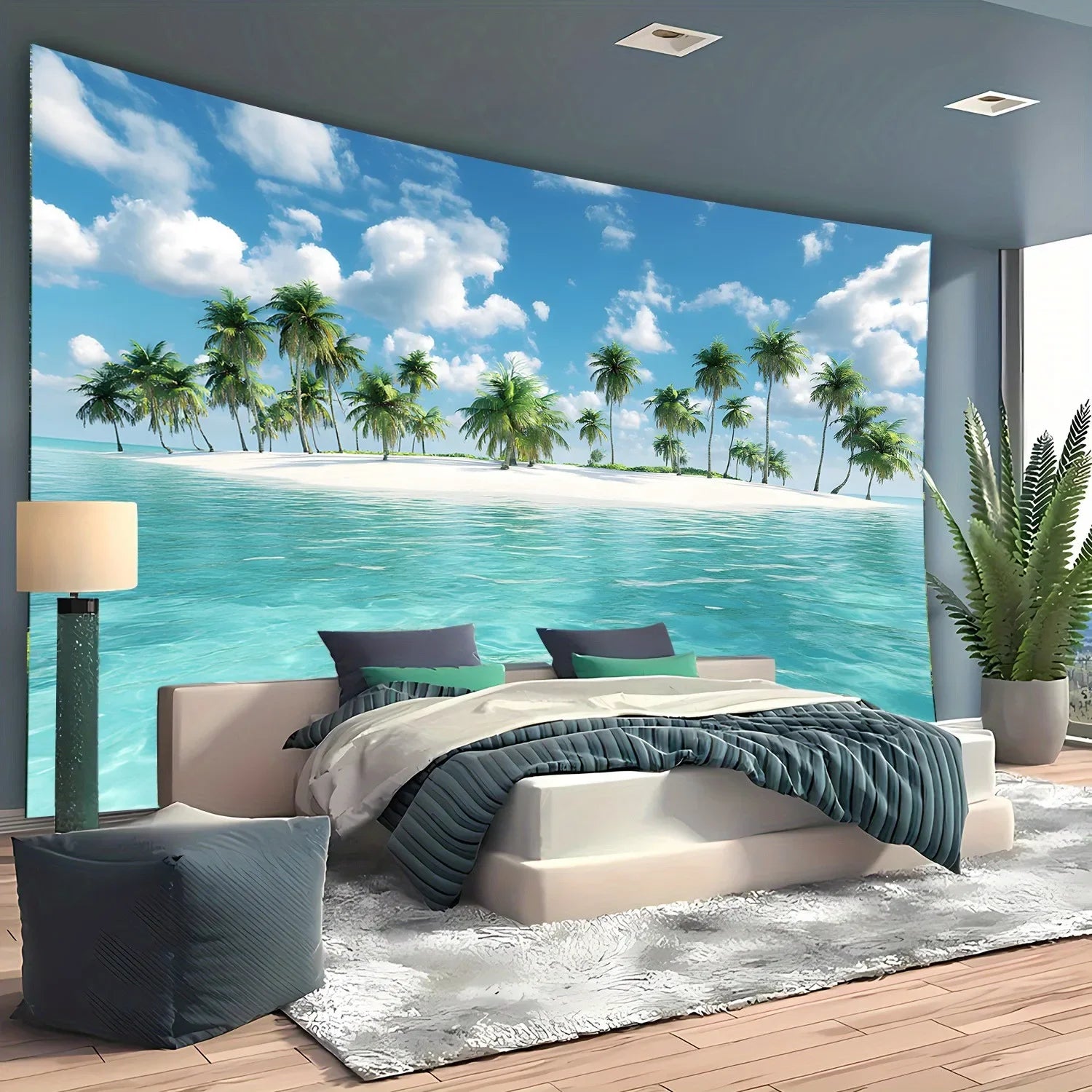 Tapisserie Murale Plage Tropicale - Eau Turquoise & Palmiers - Décoration Paradisiaque