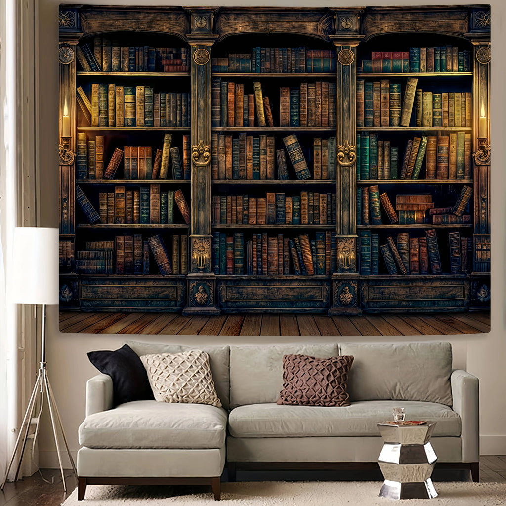 Tapisserie Murale Bibliothèque Magique - Grande Salle en Bois & Escalier en Colimaçon