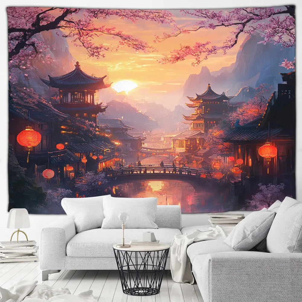 Tapisserie Japonaise Sakura - Montagnes & Fleurs de Cerisiers - Décoration Zen