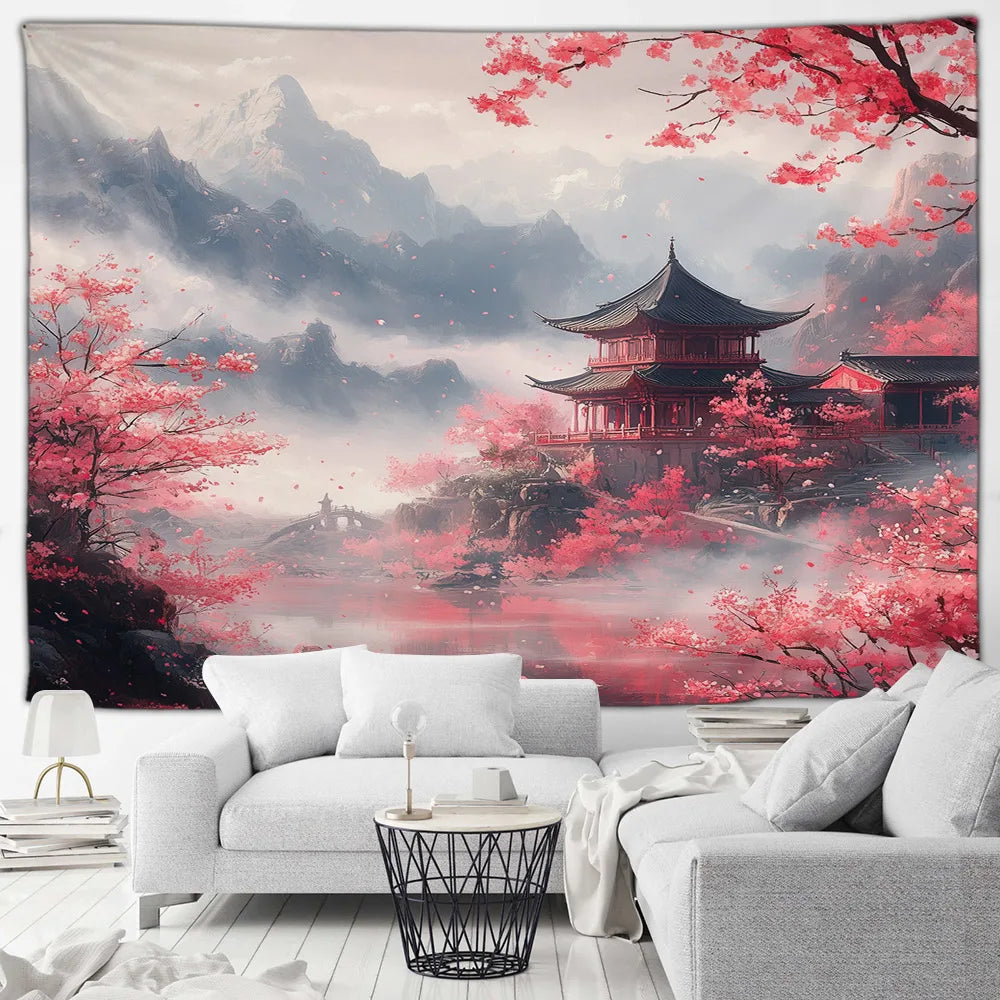 Tapisserie Japonaise Sakura - Montagnes & Fleurs de Cerisiers - Décoration Zen
