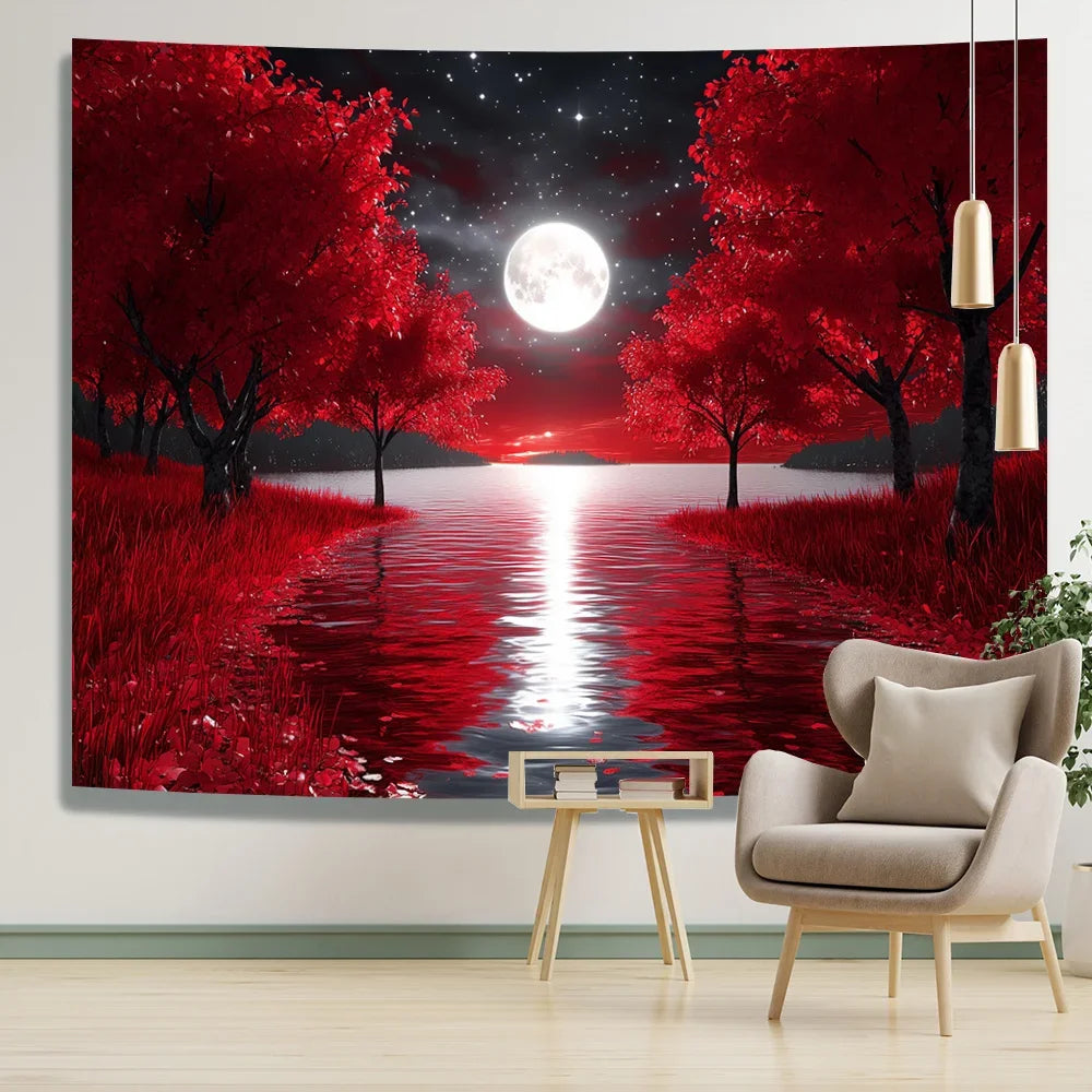Tapisserie Murale Forêt Rouge & Lune - Paysage Nocturne Mystique