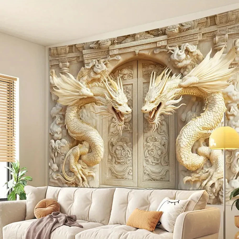 Tapisserie Murale 3D Dragons Dorés - Décoration Asiatique Luxueuse