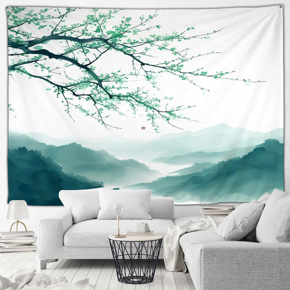 Tapisserie Japonaise Sakura - Montagnes & Fleurs de Cerisiers - Décoration Zen