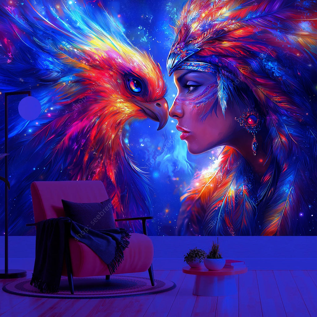 Tapisserie Murale Femme & Oiseau Mythique - Tenture Fantasy Galactique, Décoration Murale Néon