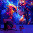 Tapisserie Murale Femme & Oiseau Mythique - Tenture Fantasy Galactique, Décoration Murale Néon