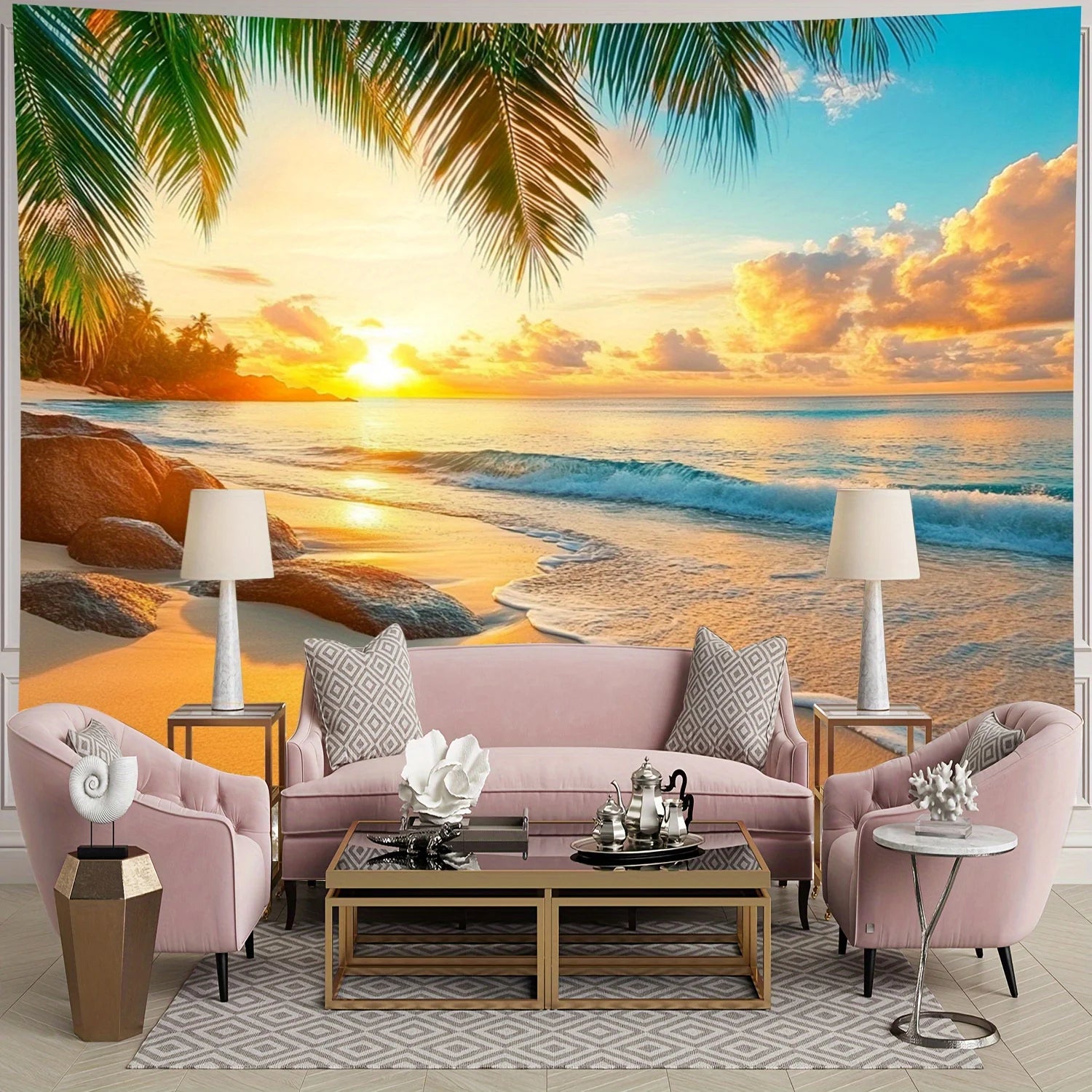 Tapisserie Murale Plage Tropicale au Coucher du Soleil - Décoration Paradisiaque