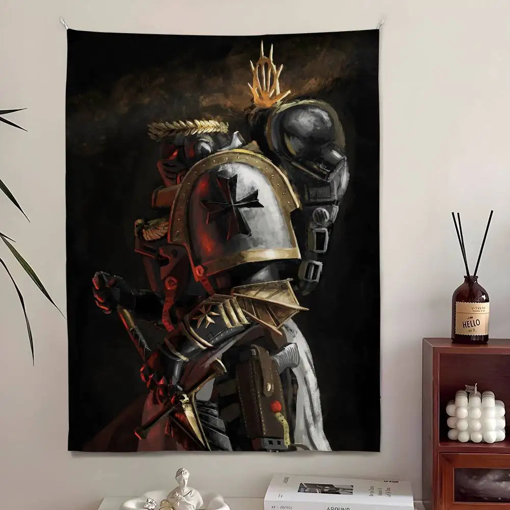 Tapisserie Murale Guerrier Ailé & Armure Sacrée - Art Fantasy Gothique