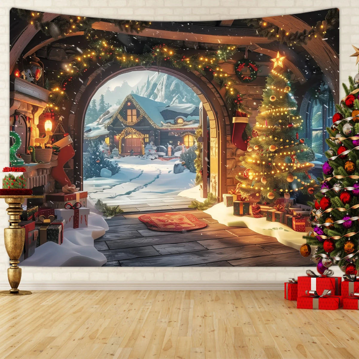 Tapisserie Murale de Noël - Sapin, Bougies & Cadeaux - Décoration Festive Cosy