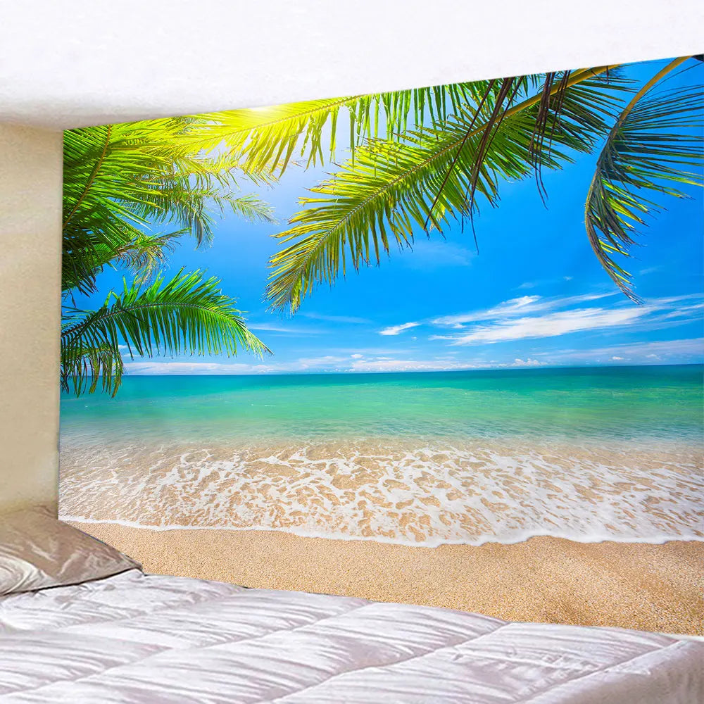 Tapisserie Murale Vue Méditerranéenne - Terrasse Fleurie & Village au Bord de l'Eau