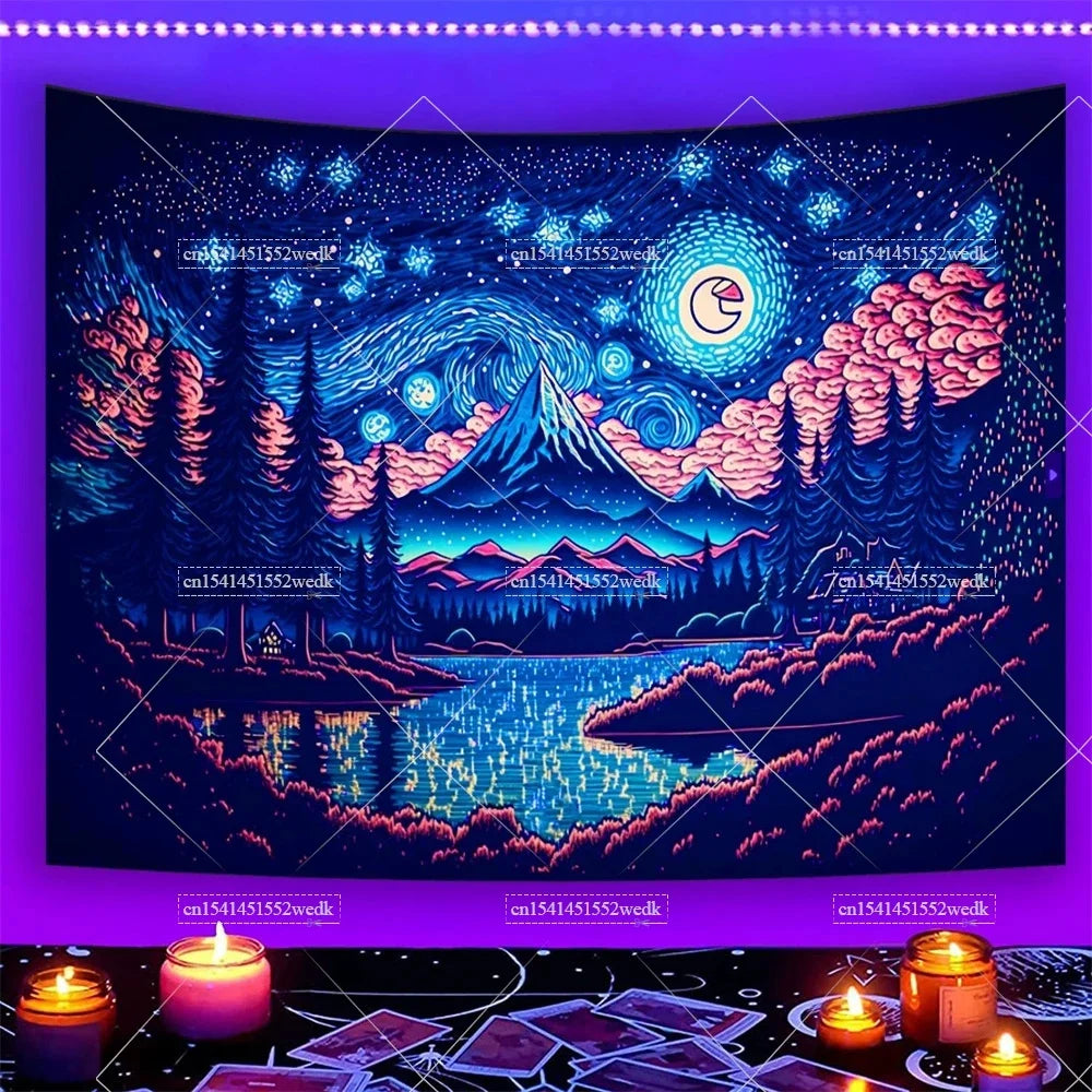 Tapisserie Murale Forêt Magique Néon - Paysage Psychédélique & Couleurs Lumineuses