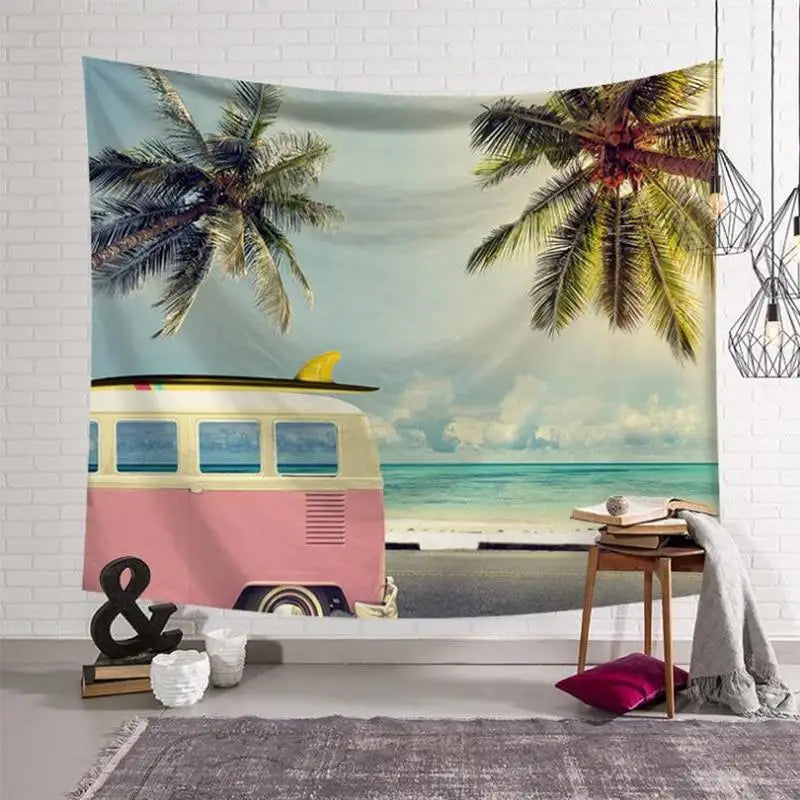 Tapisserie Murale Summer Time - Van Surf & Plage Tropicale