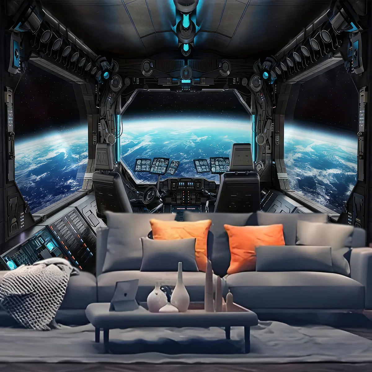 Tapisserie Hublot Spatial - Vue de la Terre depuis l'Espace, Décoration Sci-Fi