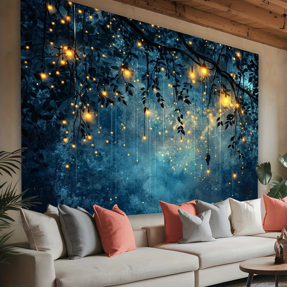 Tapisserie Murale Forêt Enchantée - Tenture Féerique avec Lumières & Lucioles, Décoration Murale Cosy