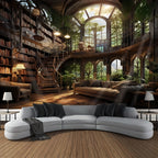 Tapisserie Murale Bibliothèque Magique - Grande Salle en Bois & Escalier en Colimaçon