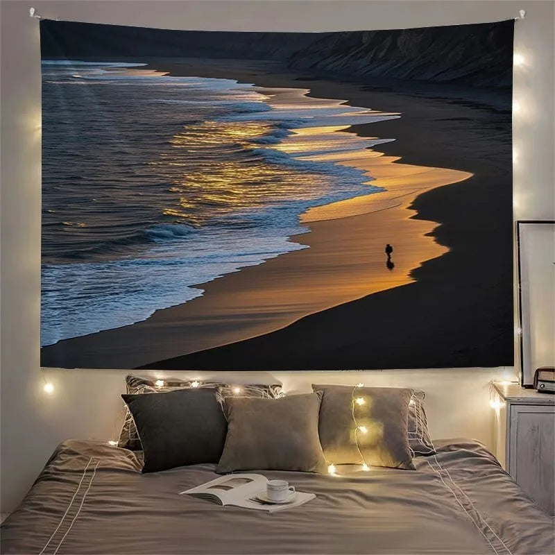 Tapisserie Murale Plage Noir & Or - Déco Murale Coucher du Soleil