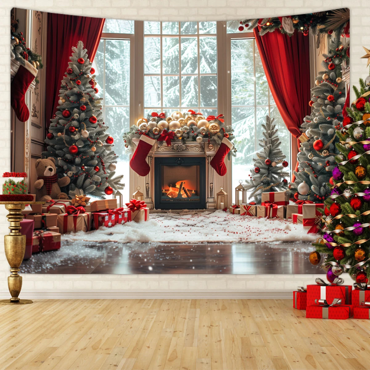 Tapisserie Murale de Noël - Sapin, Bougies & Cadeaux - Décoration Festive Cosy