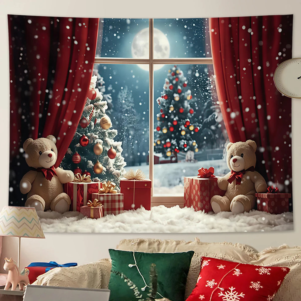 Tapisserie Murale de Noël - Ours en Peluche, Sapins & Neige - Décoration Festive