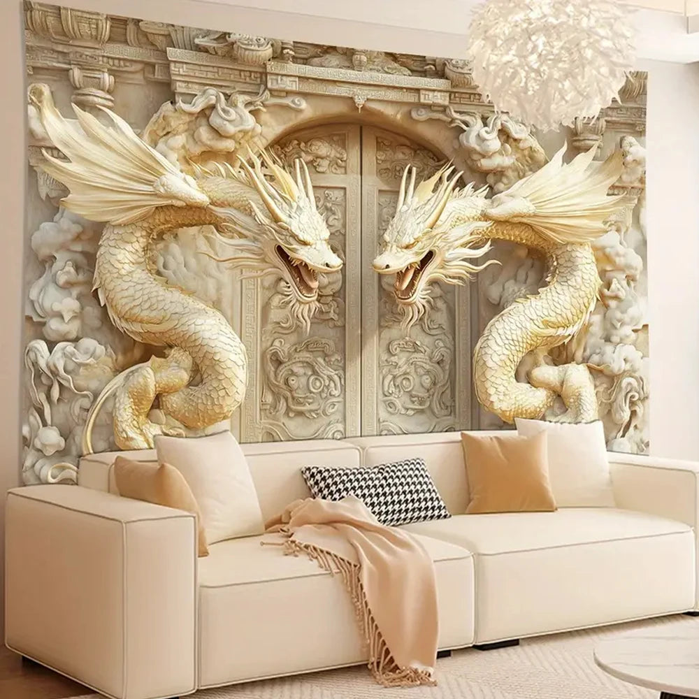 Tapisserie Murale 3D Dragons Dorés - Décoration Asiatique Luxueuse
