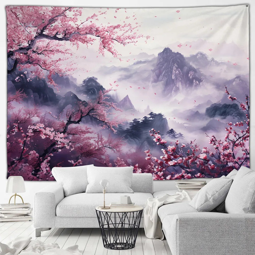 Tapisserie Japonaise Sakura - Montagnes & Fleurs de Cerisiers - Décoration Zen