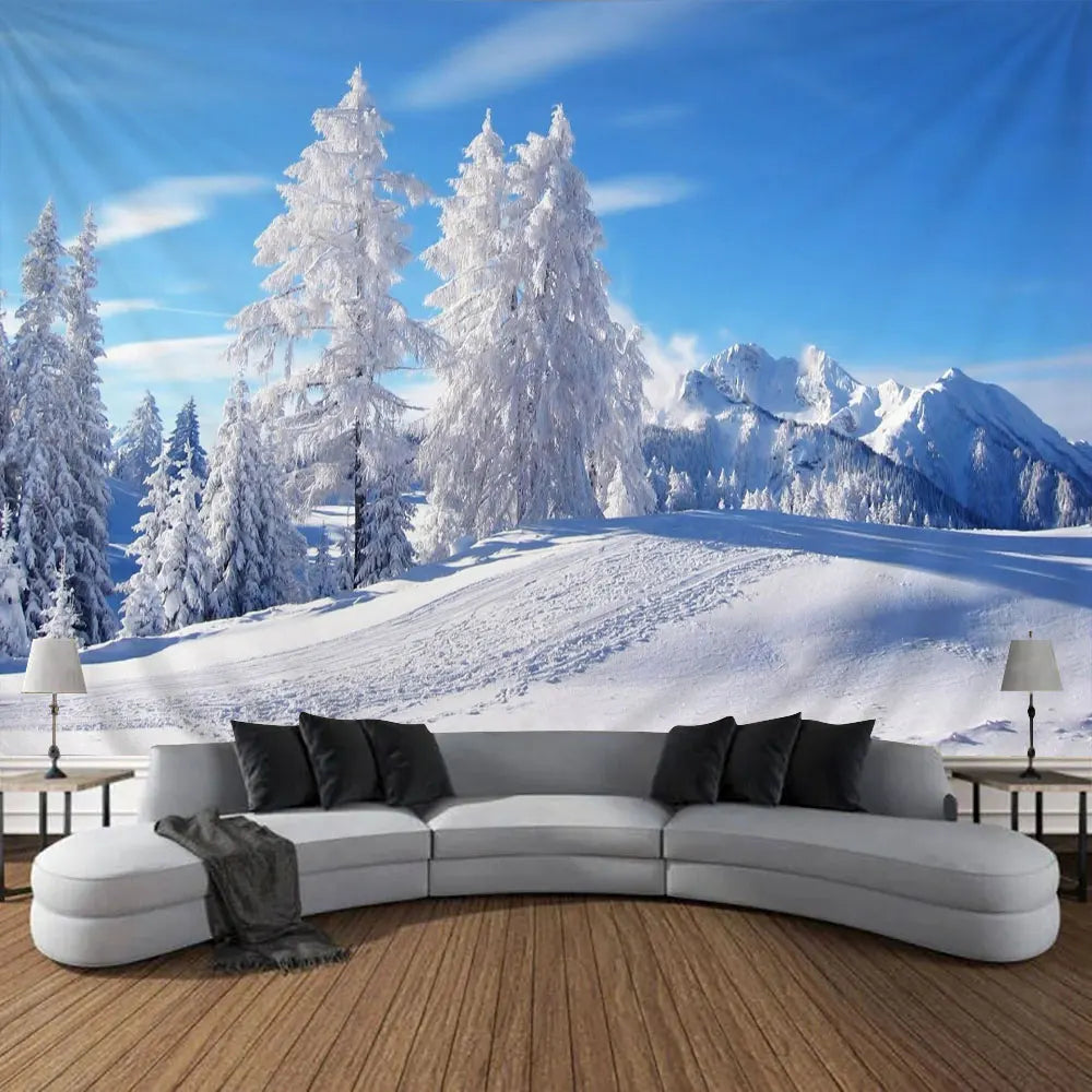 Tapisserie Murale Noël - Fenêtre Enneigée, Sapin & Décor Festif