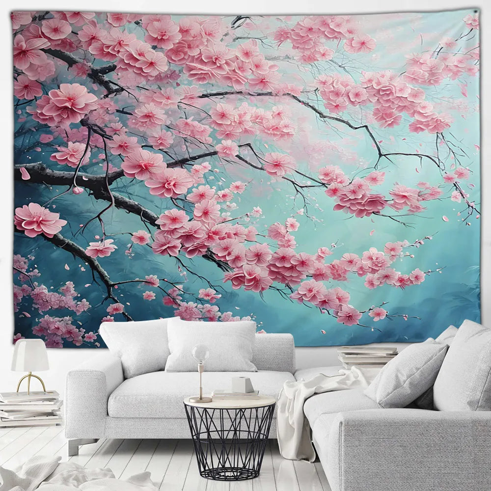 Tapisserie Japonaise Sakura - Montagnes & Fleurs de Cerisiers - Décoration Zen
