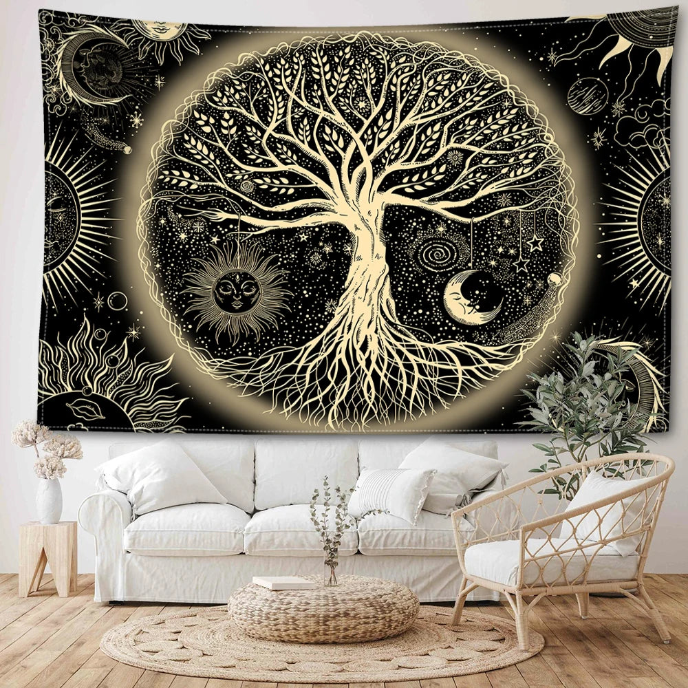 Tapisserie Murale Arbre de Vie - Tenture Bohème Mystique, Décoration Murale Spirituelle Soleil & Lune