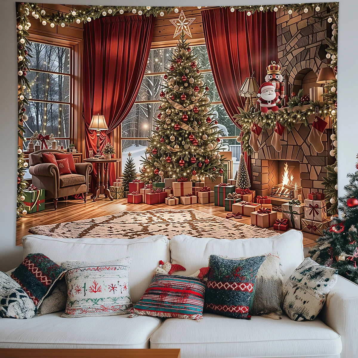 Tapisserie Murale Noël Chalet - Sapin Illuminé, Cheminée & Décor Cosy