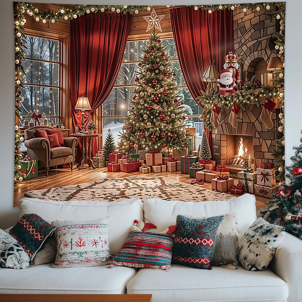 Tapisserie Murale Noël Chalet - Sapin Illuminé, Cheminée & Décor Cosy