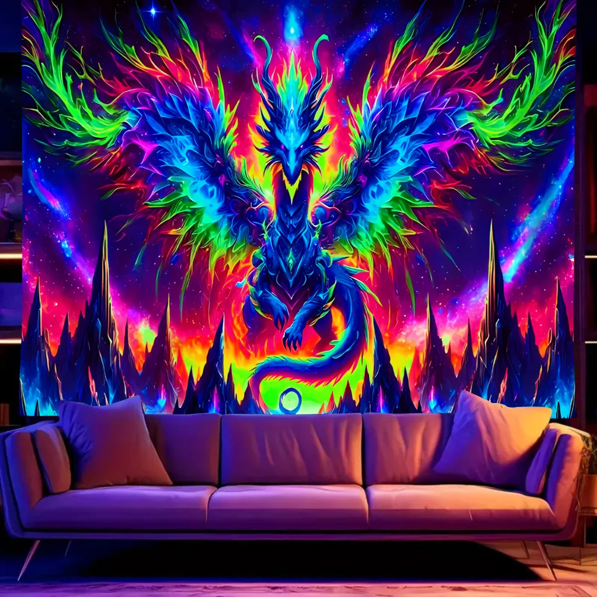 Tapisserie Murale Dragon Néon - Art Fantastique Psychédélique, Décoration Murale Colorée
