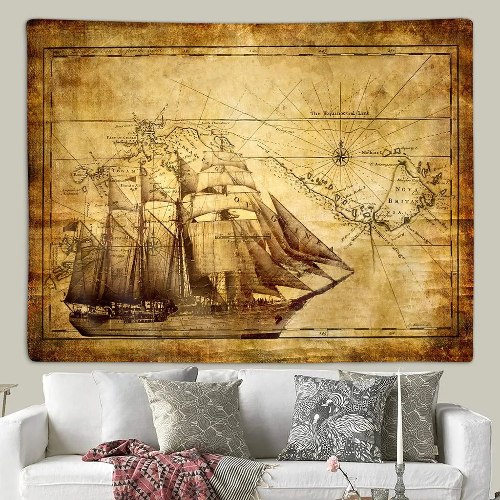 Tapisserie Carte Maritime Vintage - Voilier Ancien & Carte du Monde