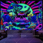 Tapisserie Murale Cosmos Néon - Planète à Anneaux & Paysage Futuriste