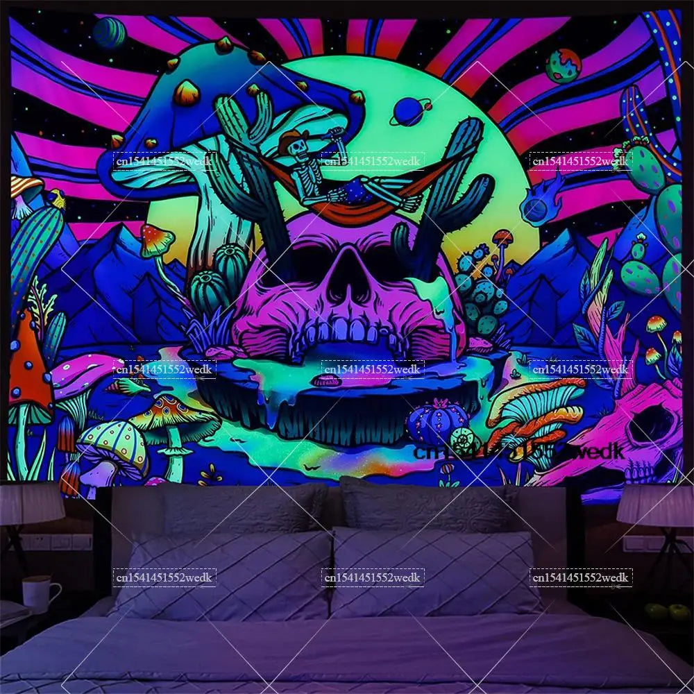 Tapisserie Murale Cosmos Néon - Planète à Anneaux & Paysage Futuriste