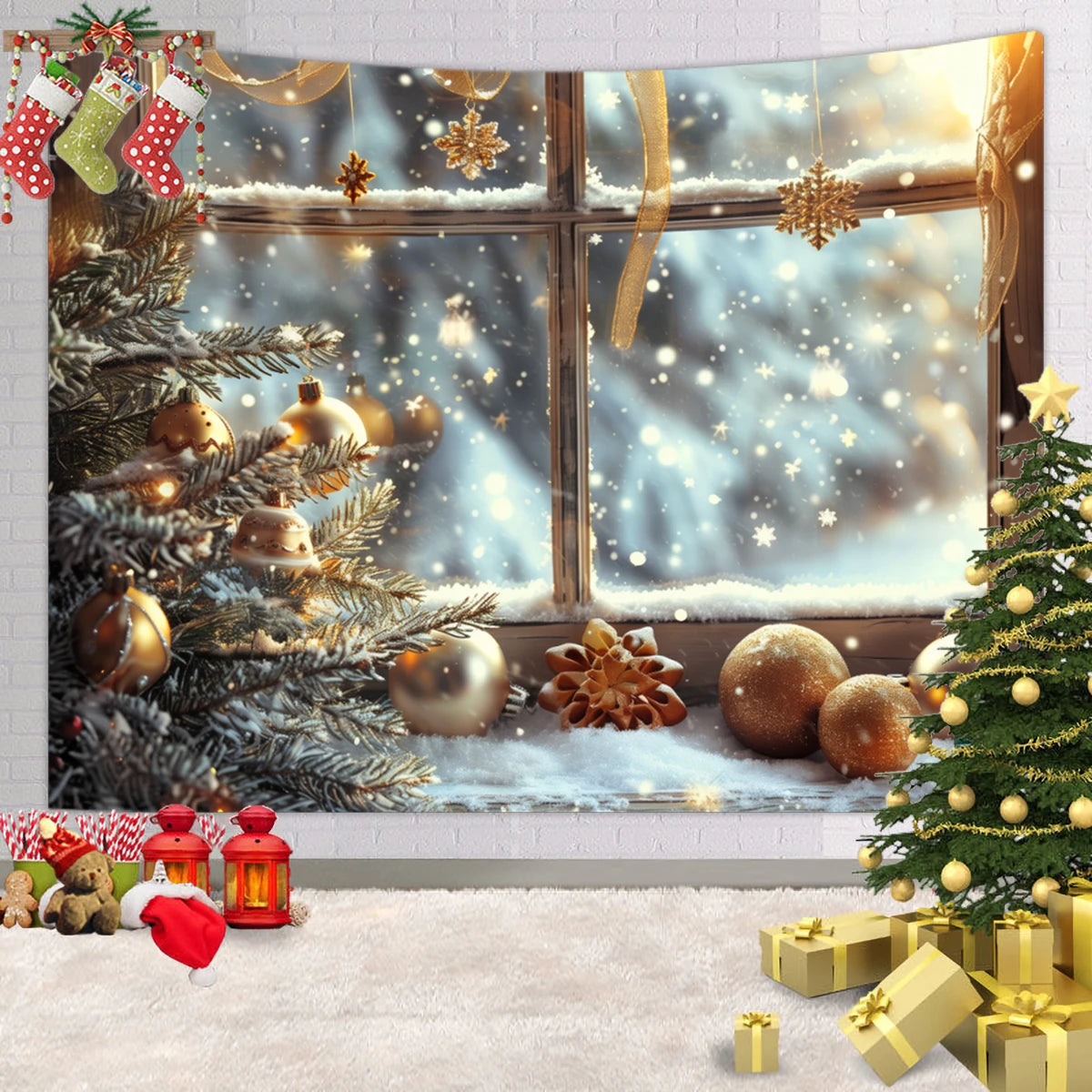 Tapisserie Murale de Noël - Sapin, Bougies & Cadeaux - Décoration Festive Cosy