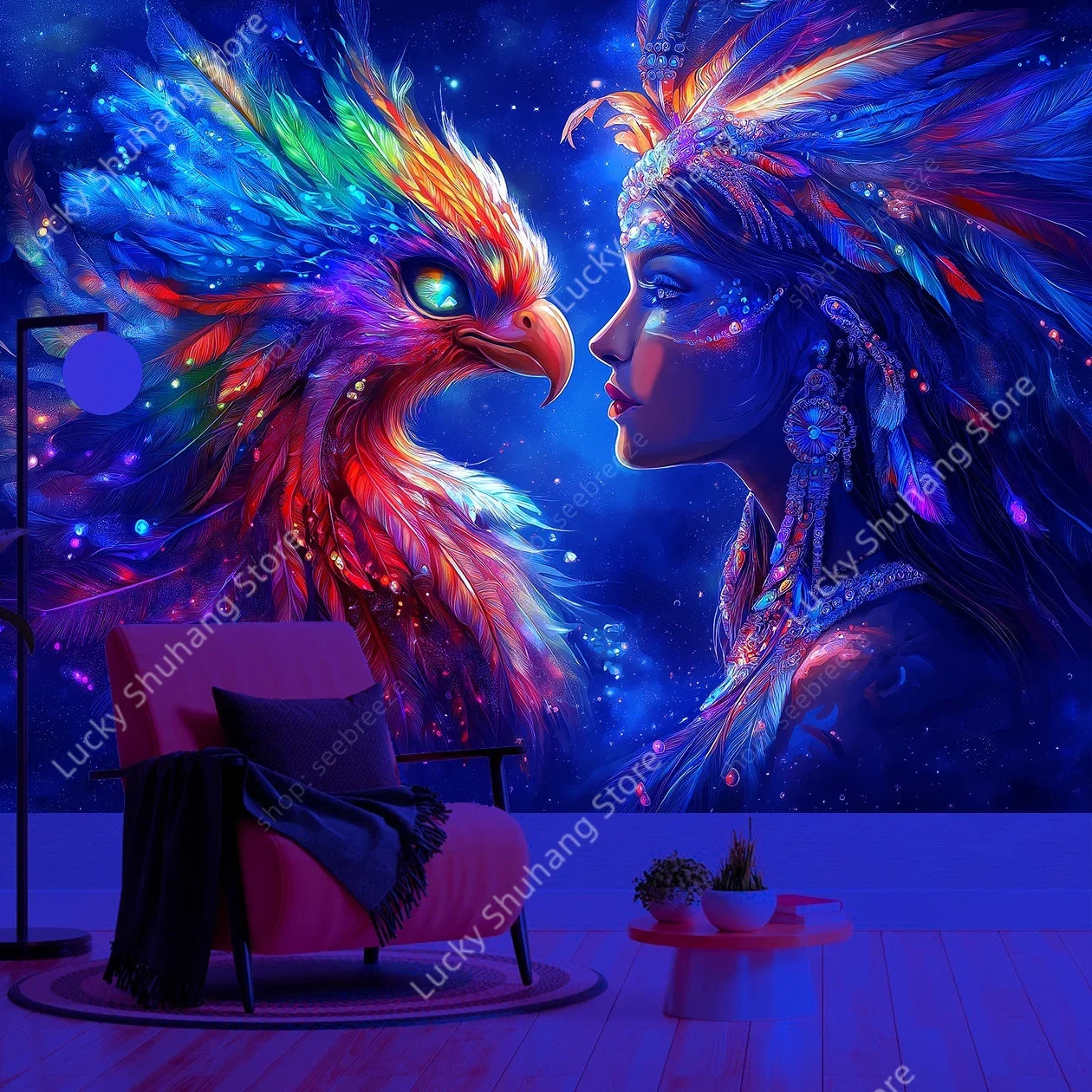 Tapisserie Murale Femme & Oiseau Mythique - Tenture Fantasy Galactique, Décoration Murale Néon