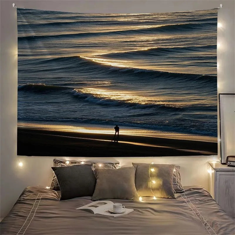 Tapisserie Murale Plage Noir & Or - Déco Murale Coucher du Soleil