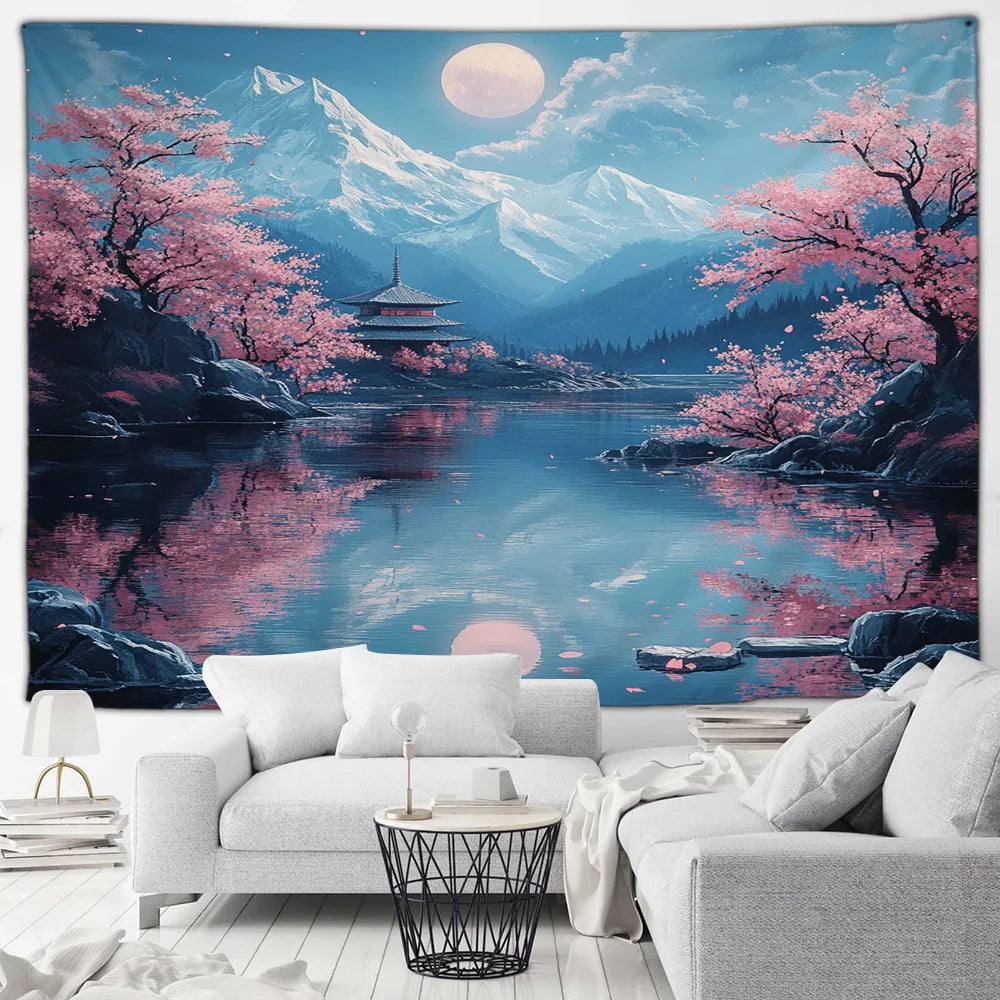 Tapisserie Japonaise Sakura - Montagnes & Fleurs de Cerisiers - Décoration Zen
