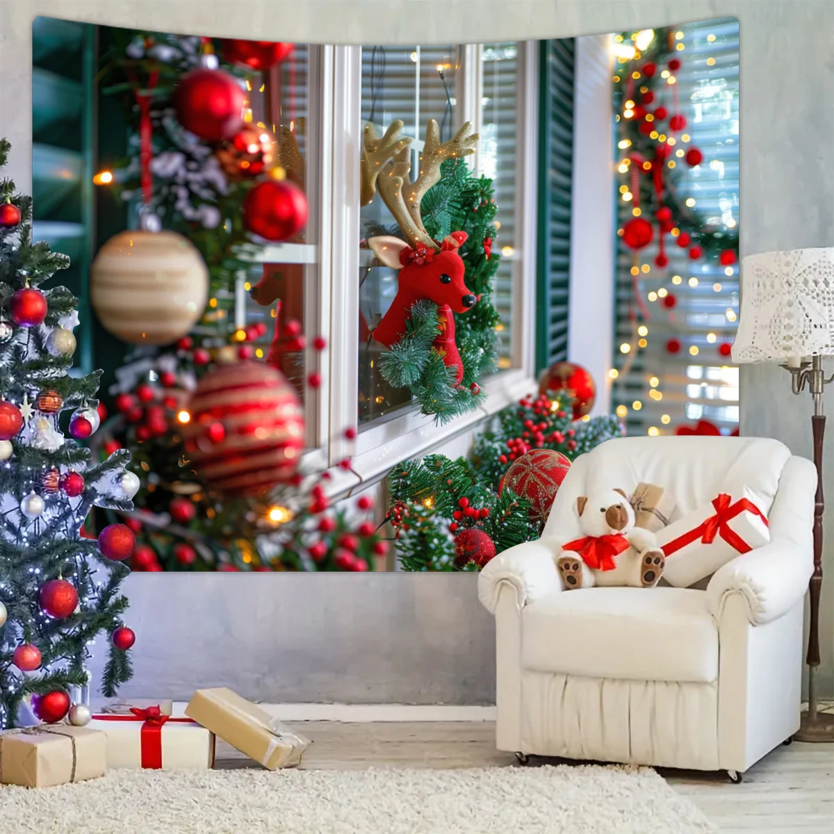 Tapisserie Murale de Noël - Sapin, Bougies & Cadeaux - Décoration Festive Cosy