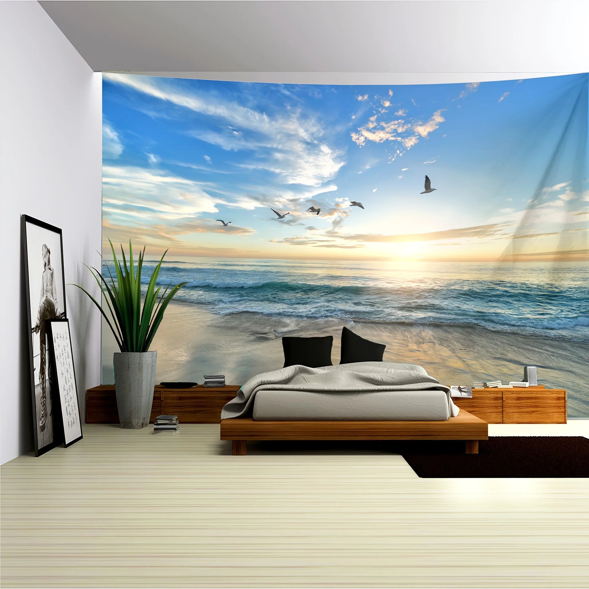 Tapisserie Murale Plage au Coucher du Soleil - Déco Murale Océan & Horizon